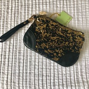 NWT Deux Lux gold sequin & black leather pouch